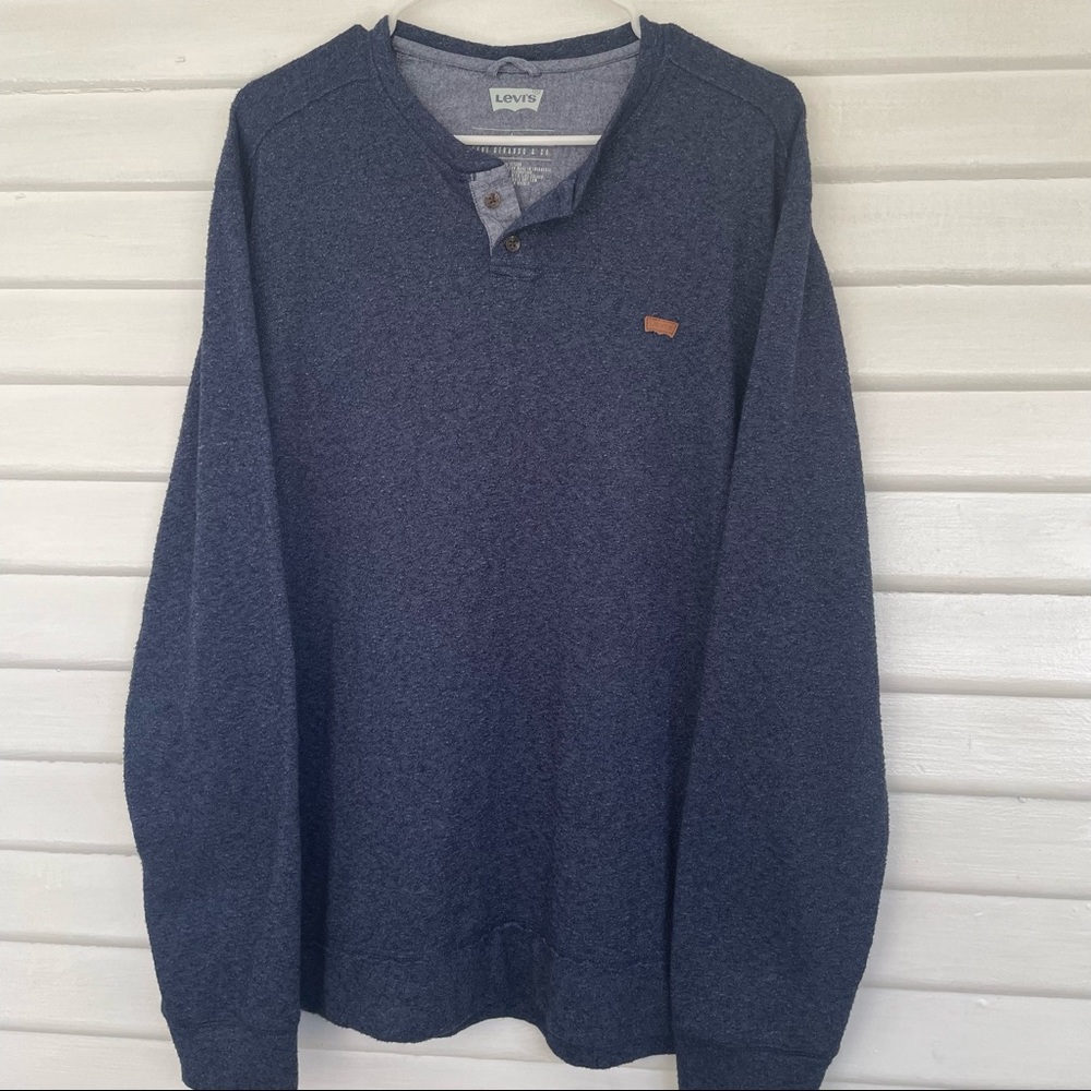 Levi's | Pullover Fleece Henley Sweater Large Mens Long Sleeve Leather Logo Blue